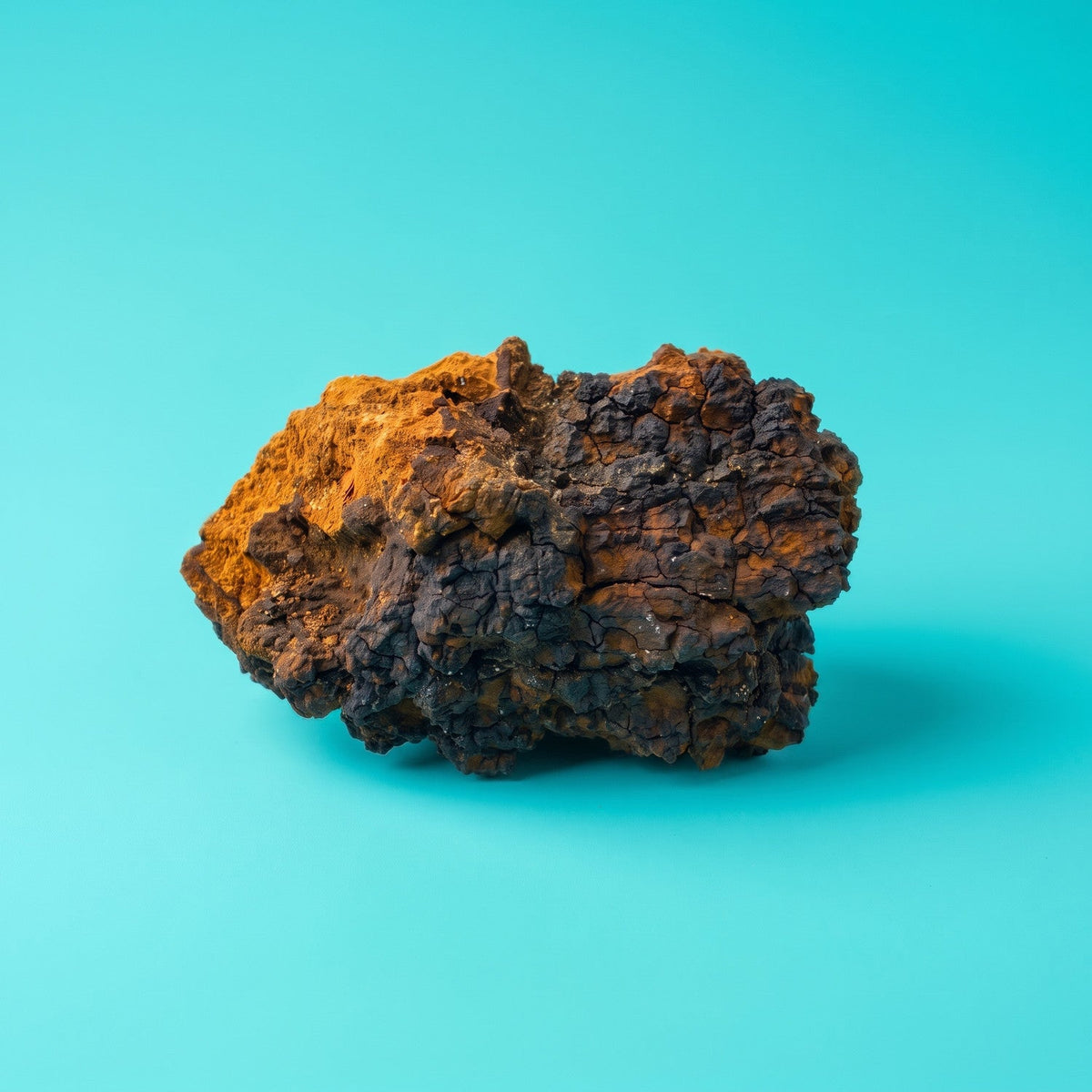 Chaga (Inonotus obliquus) on a cyan backdrop