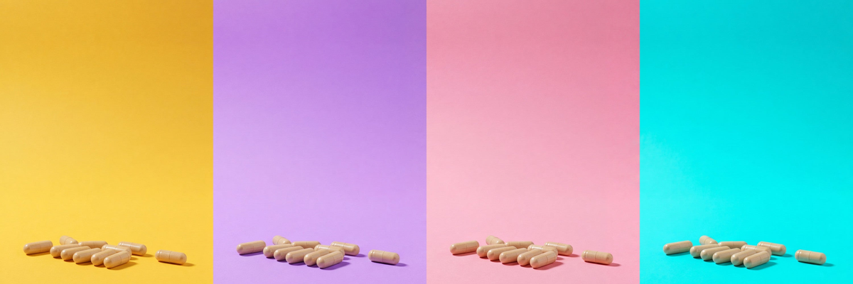 Mushroom extract capsules on yellow, lilac, pink and cyan paper, banner for the Pure Fungi capsules collection