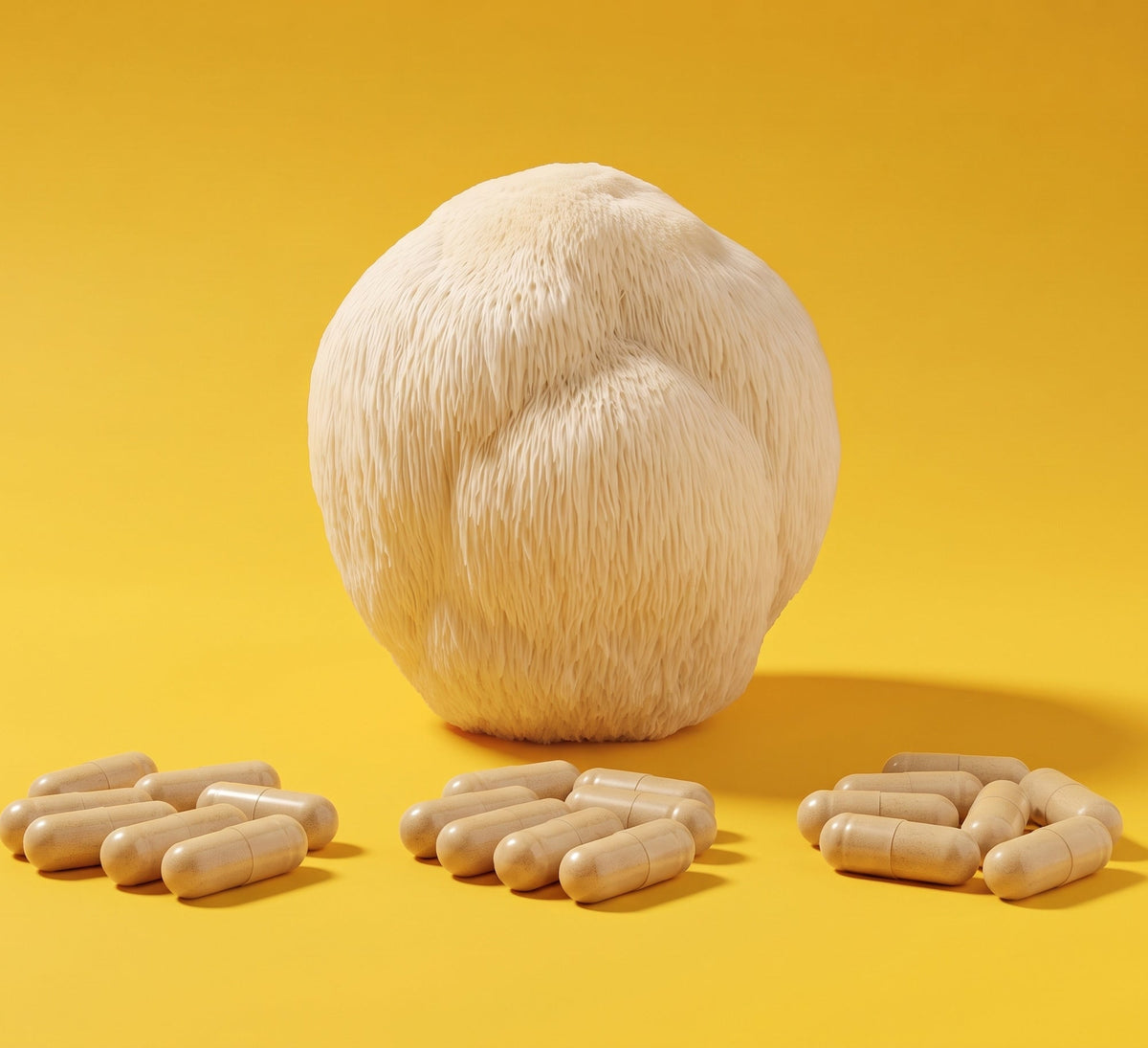 A Lion's Mane mushroom (Hericium erinaceus) with three small heaps of capsules on a yellow backdrop