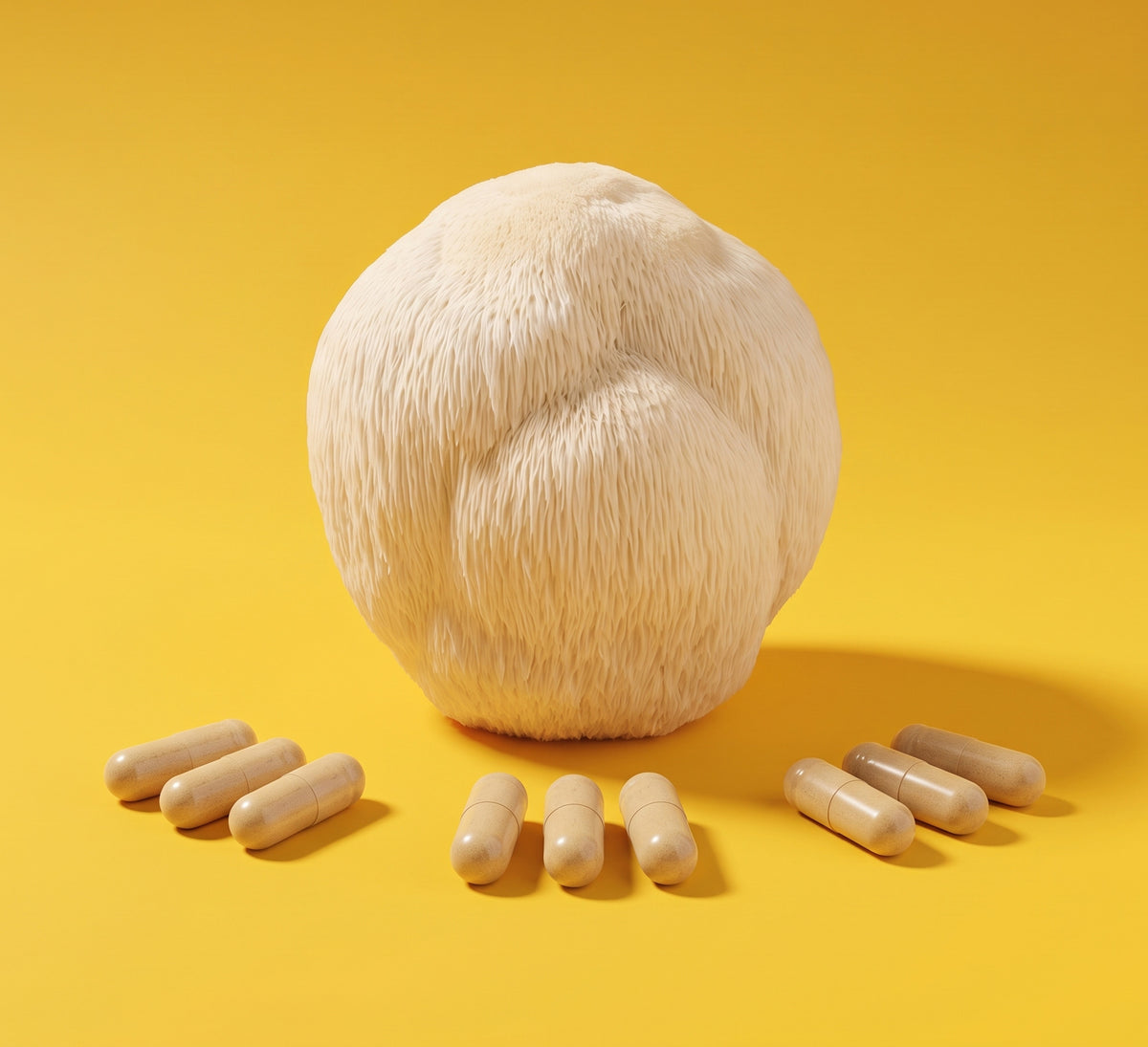 A Lion's Mane mushroom (Hericium erinaceus) with three groups of three capsules on a yellow backdrop