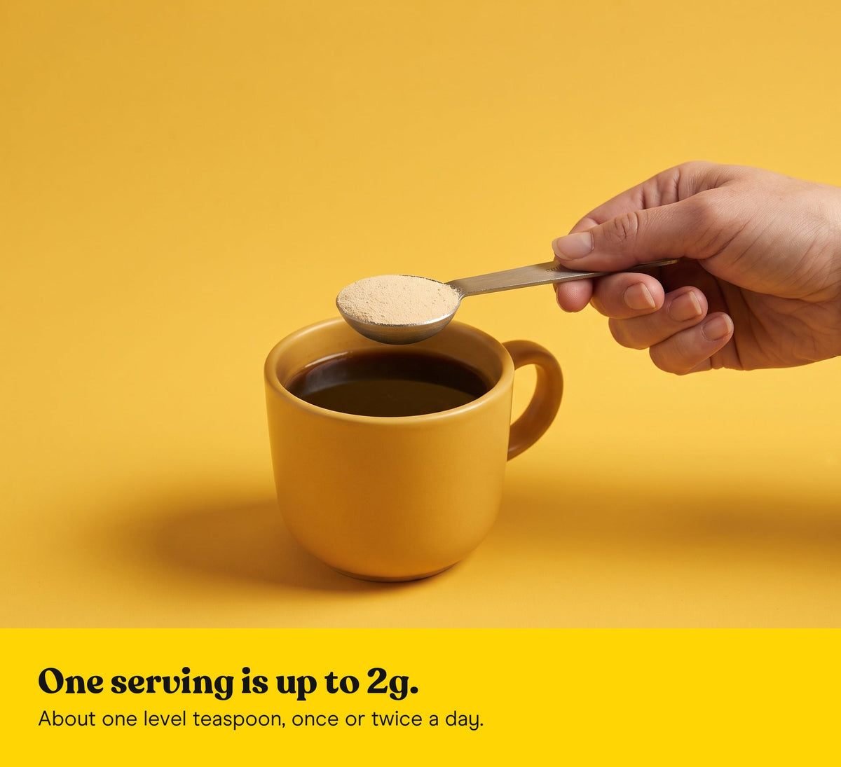 A level teaspoon of Lion's Mane extract powder held over a yellow cup of coffee: one serving is up to 2g, once or twice a day