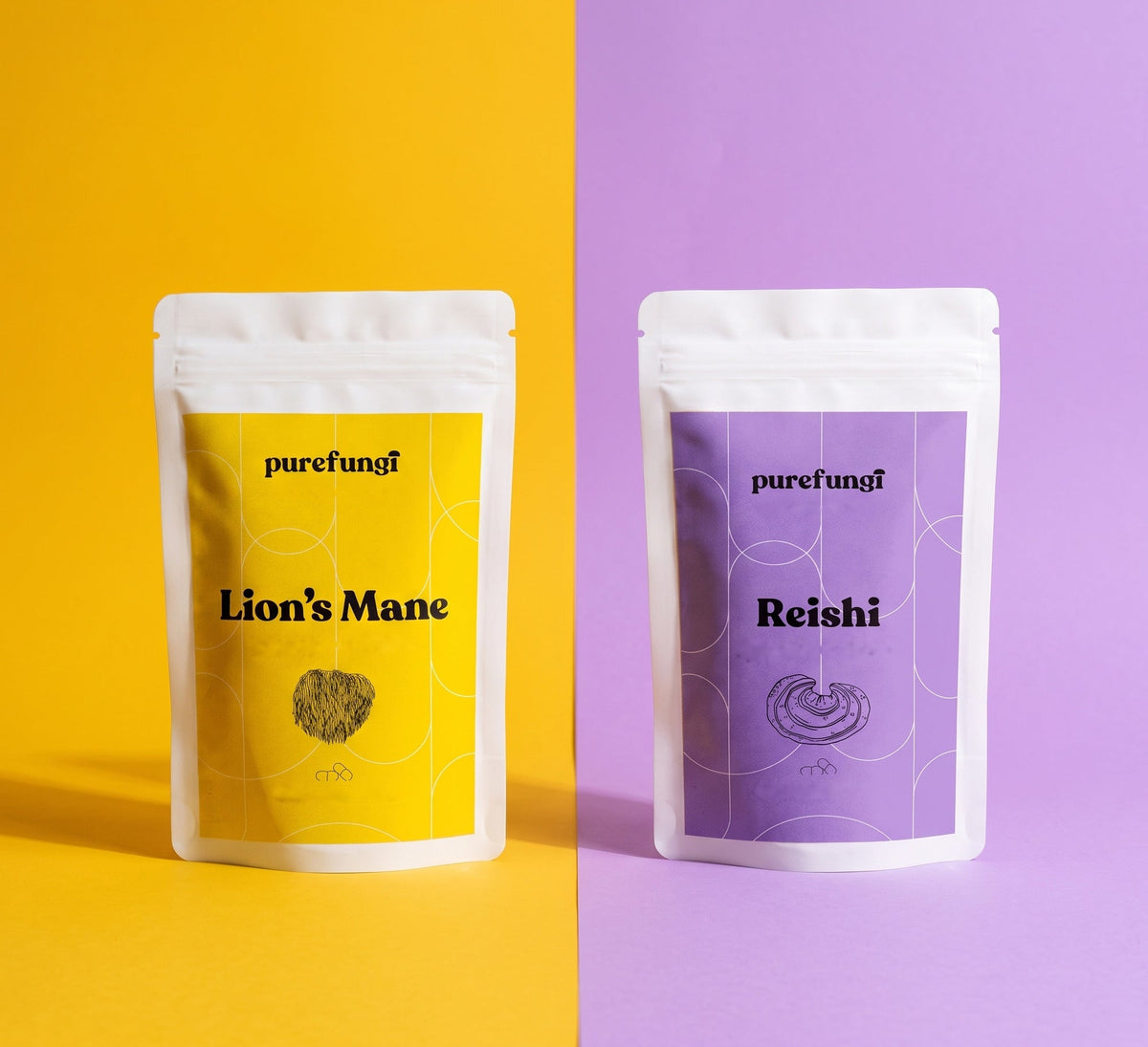 Pure Fungi Lion's Mane & Reishi Capsules Duo: a Lion's Mane capsules pouch and a Reishi capsules pouch on yellow and lilac backdrops
