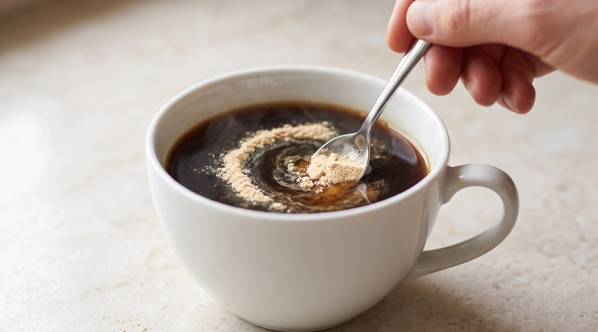 A hand stirring a spoonful of pale Lion's Mane extract powder into a white cup of black coffee