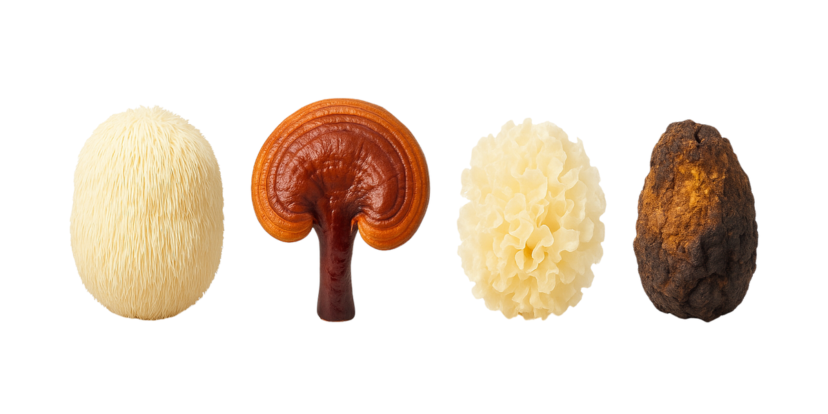 Four whole mushrooms in a row on white: Lion's Mane, Reishi, Snow Fungus and Chaga