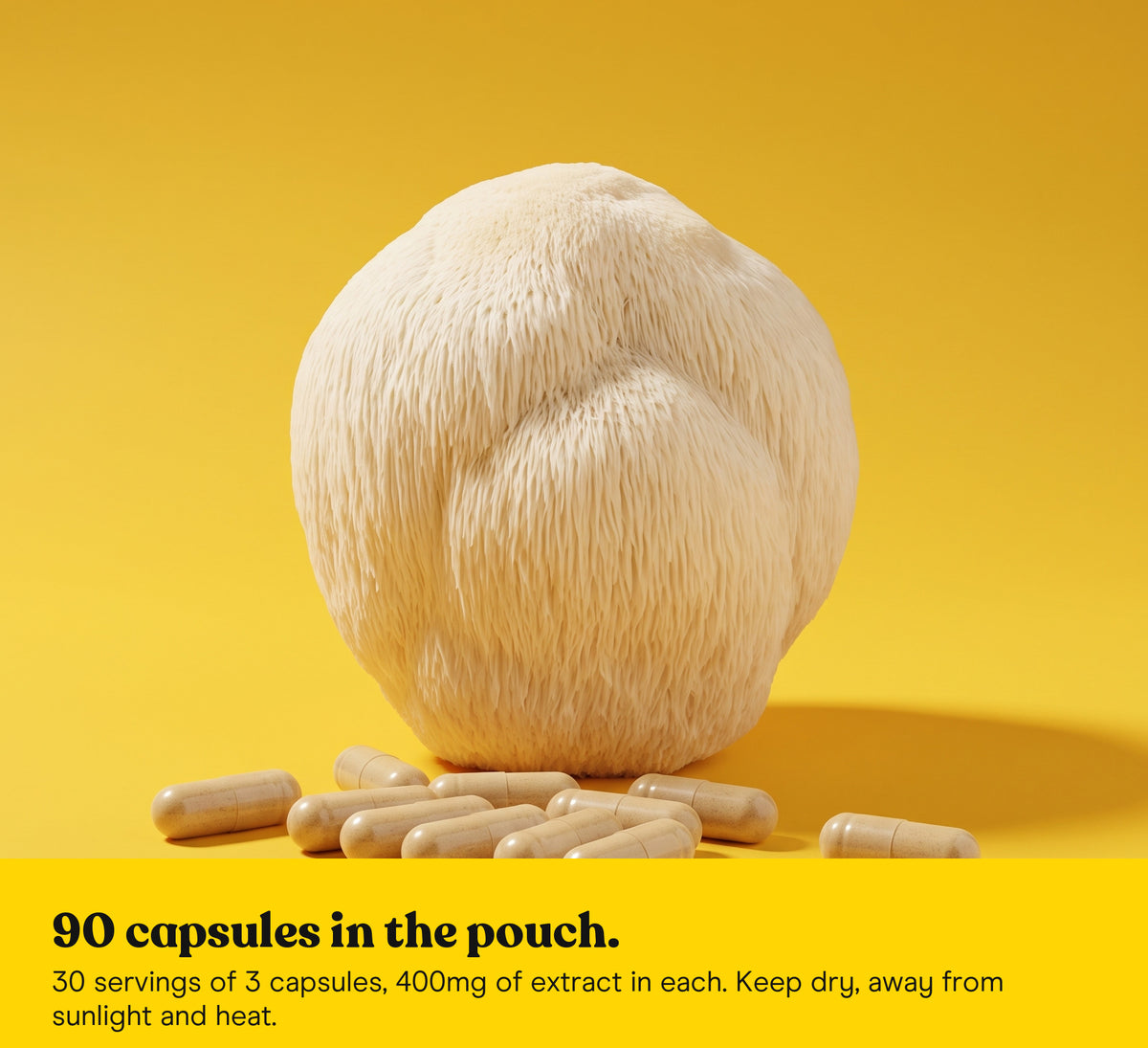 Lion's Mane mushroom (Hericium erinaceus) with loose capsules on a yellow studio backdrop, the single mushroom in the Pure Fungi Lion's Mane Capsules Triple Pack