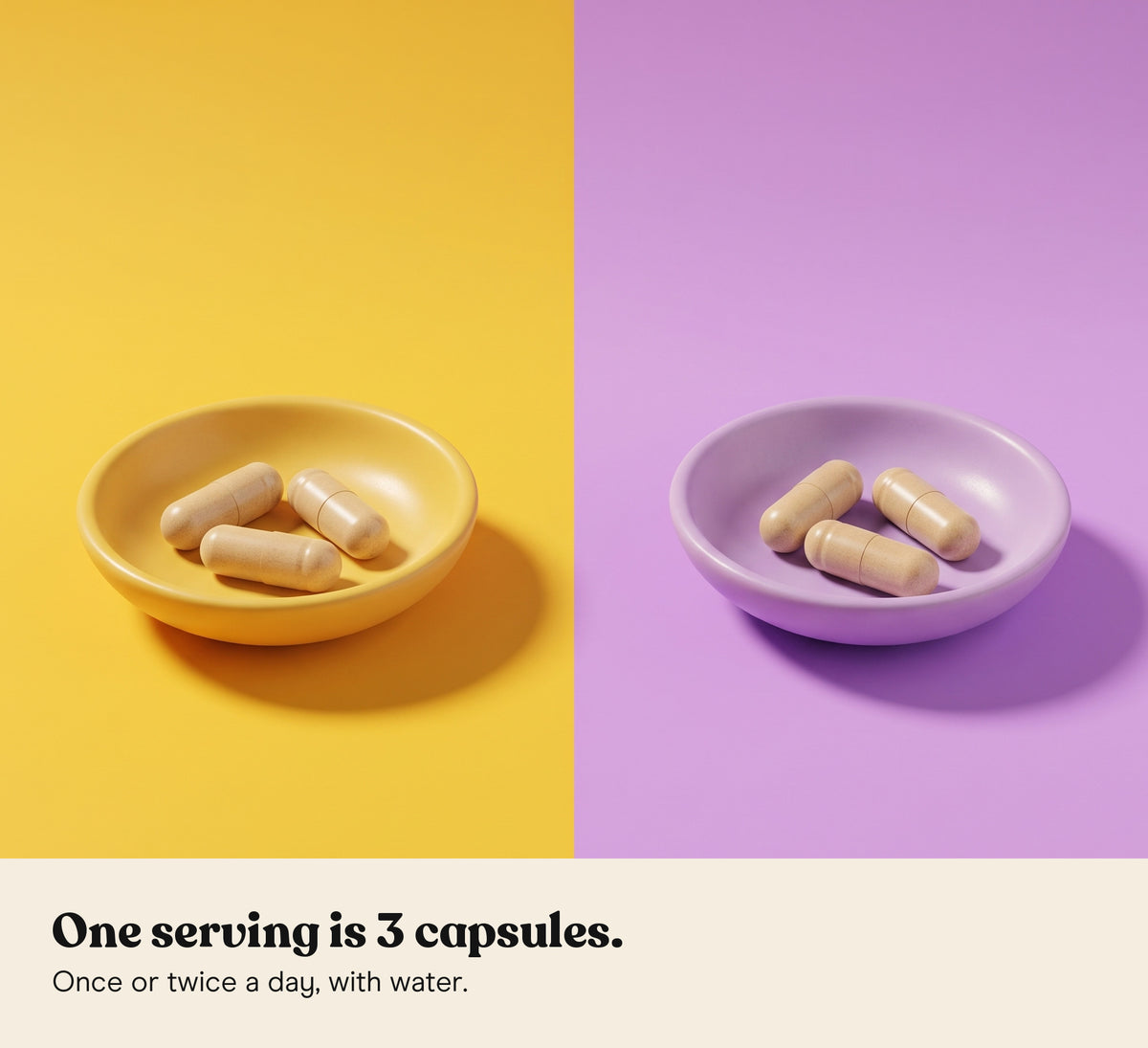 Two small dishes, one yellow and one lilac, each holding three capsules