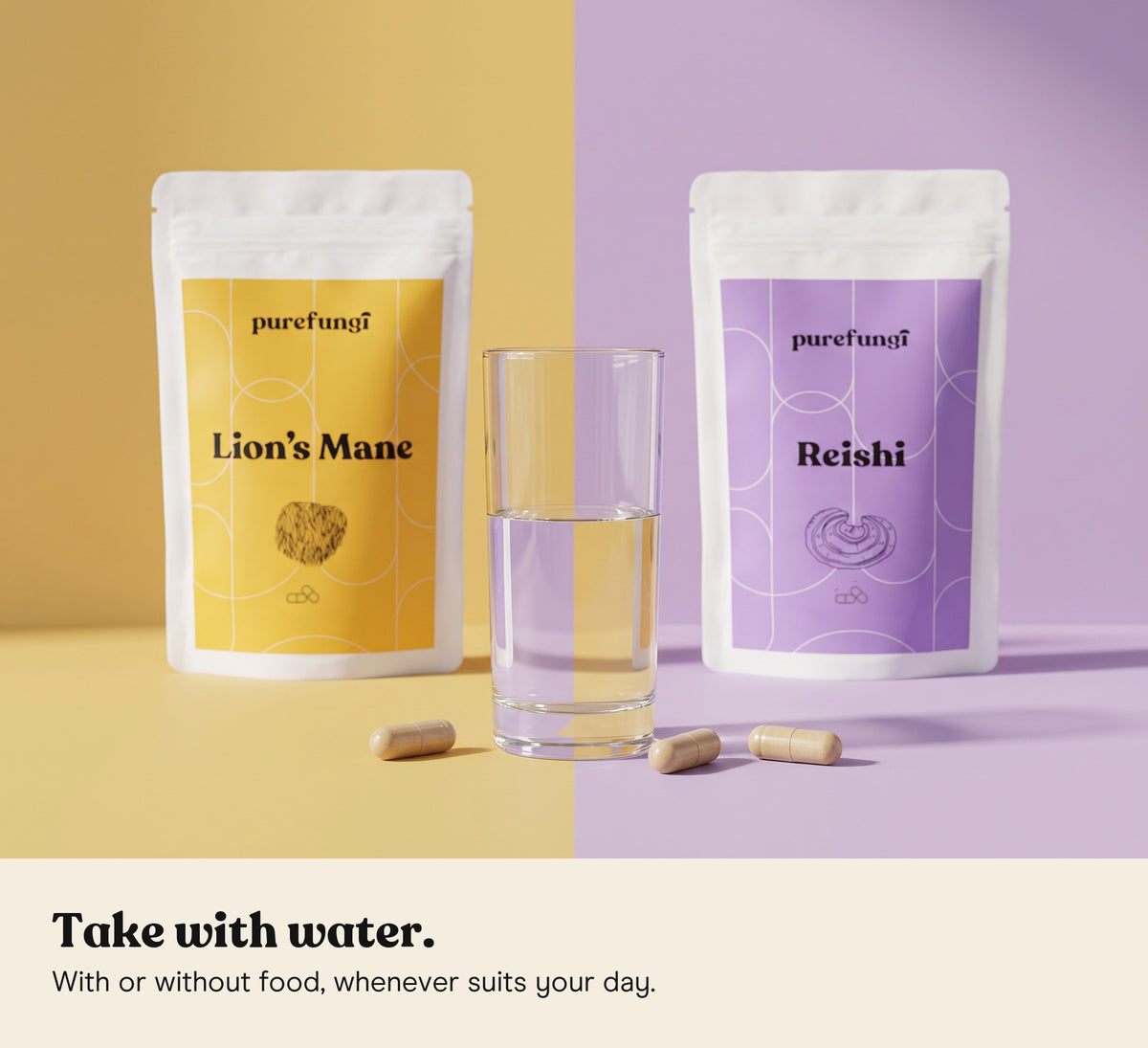 Lion's Mane and Reishi capsules pouches with a glass of water and three capsules