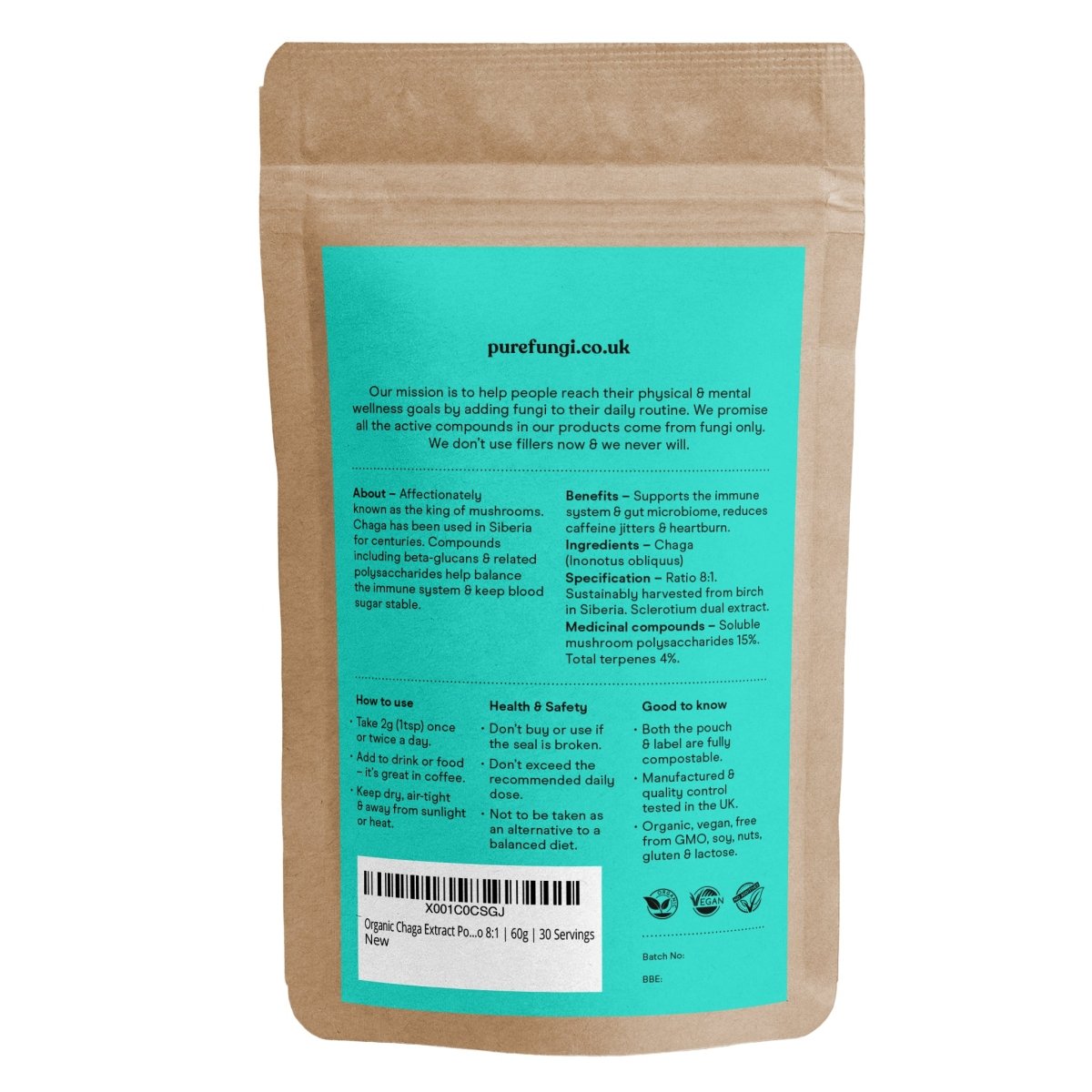 Organic Chaga Extract Powder | Immune Support & Digestion | Ratio 8:1 | 60g | 30 servings - Pure Fungi